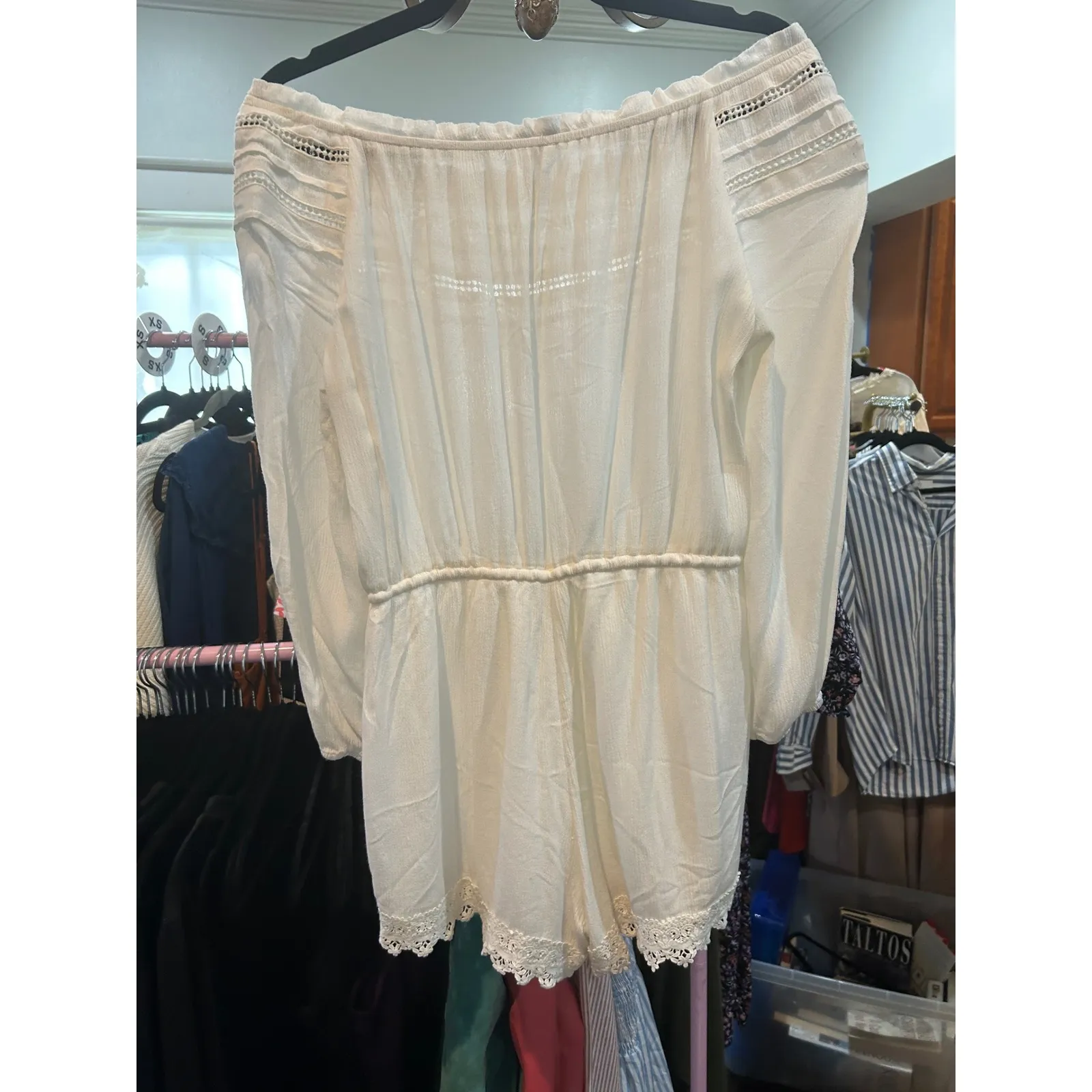 En Crème Romper‎ Off Shoulder White Lace Trim Long Sleeve Boho Size S - Image 5