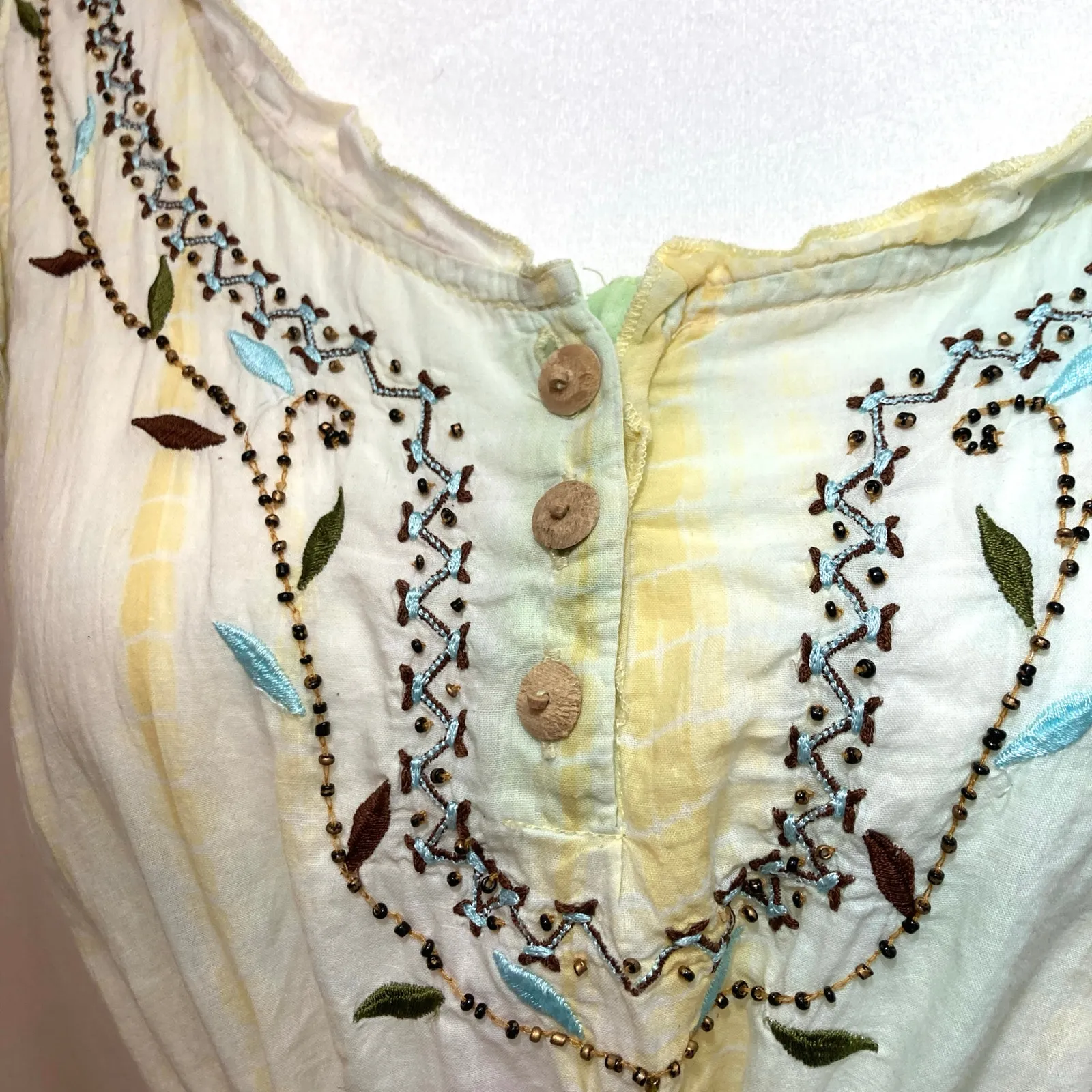 Vintage Y2K Tokyo Denim Bank Yellow Silk Hippie Embroidery Bead Tank Blouse Top Size M - Image 3