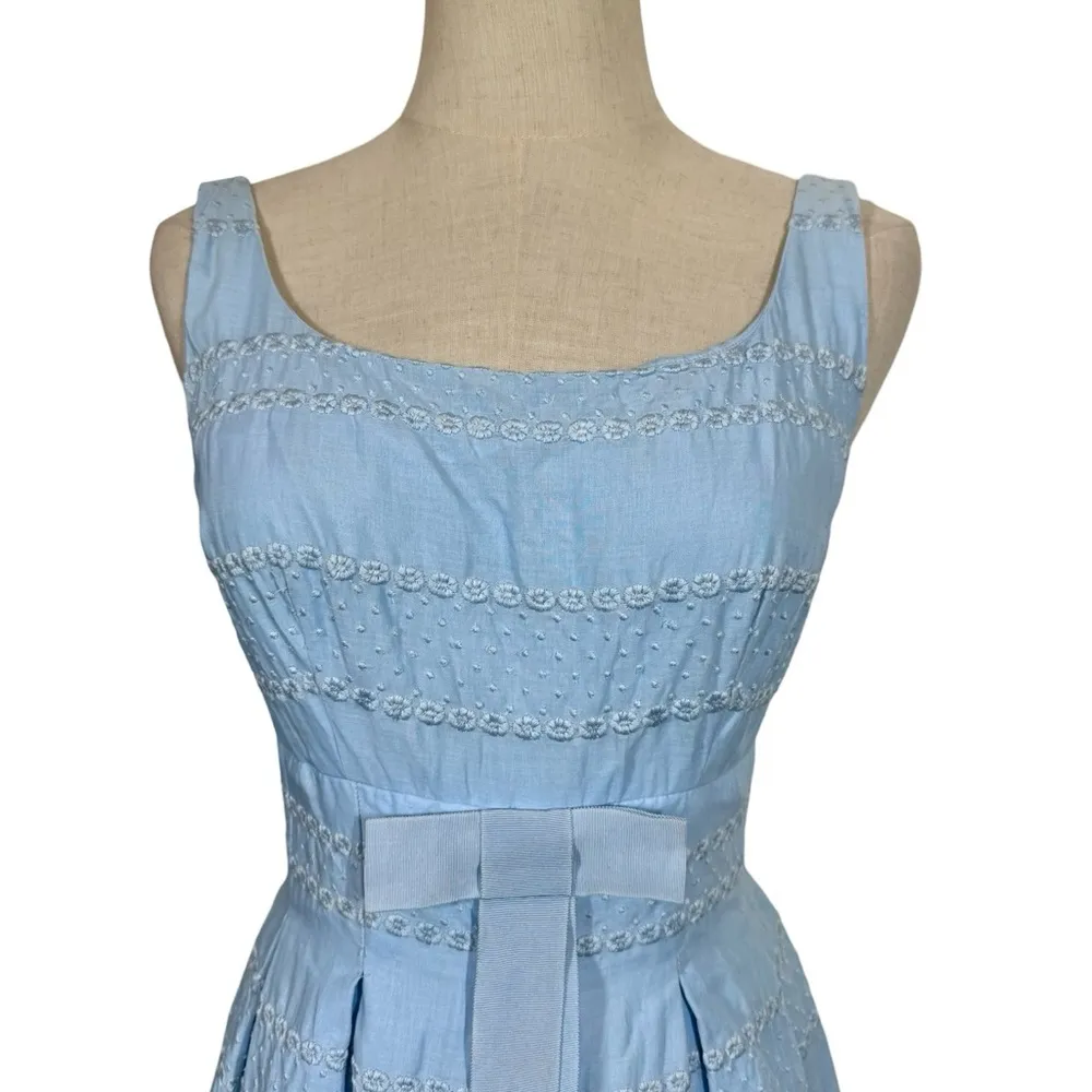True Vintage Virginie De Paris Embroidered Bow Full Dress Fifties 1950s Blue Size XS - Image 2
