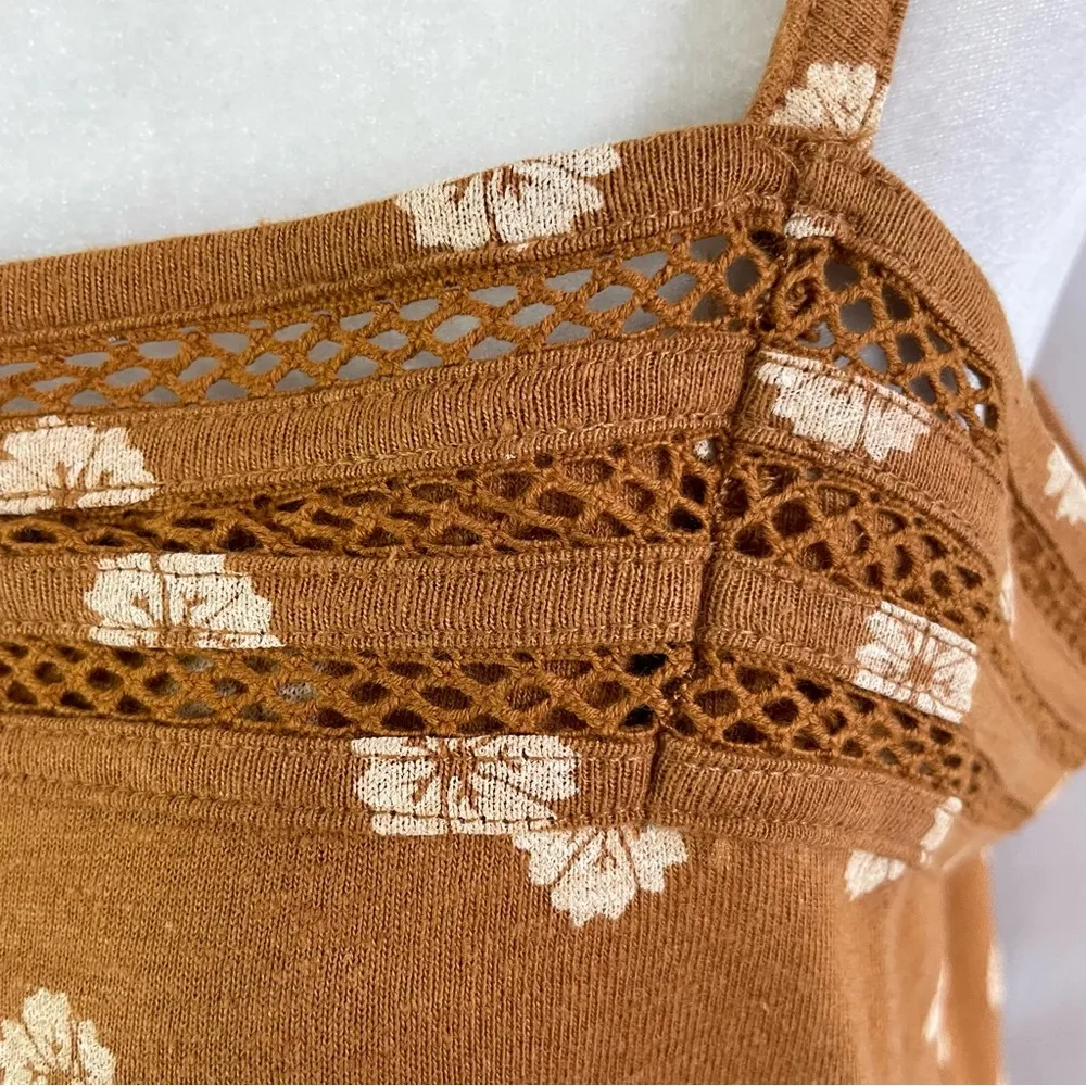 New  Floral Print Linen Blend Lace Trim Tank Top Brown Size XL - Image 4