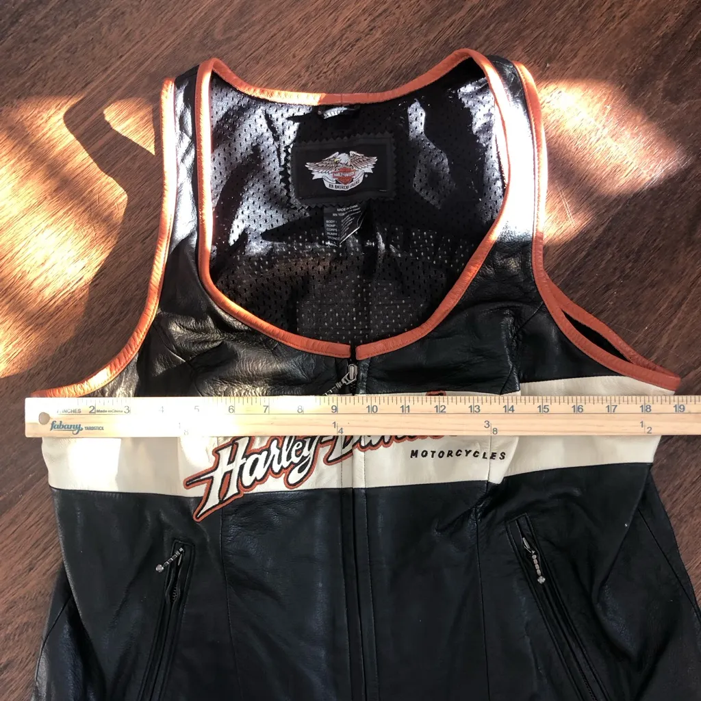 Harley Davidson Motorcycle Vest Women’s XL Black/Orange Leather Zip Embroidered Black - Image 4
