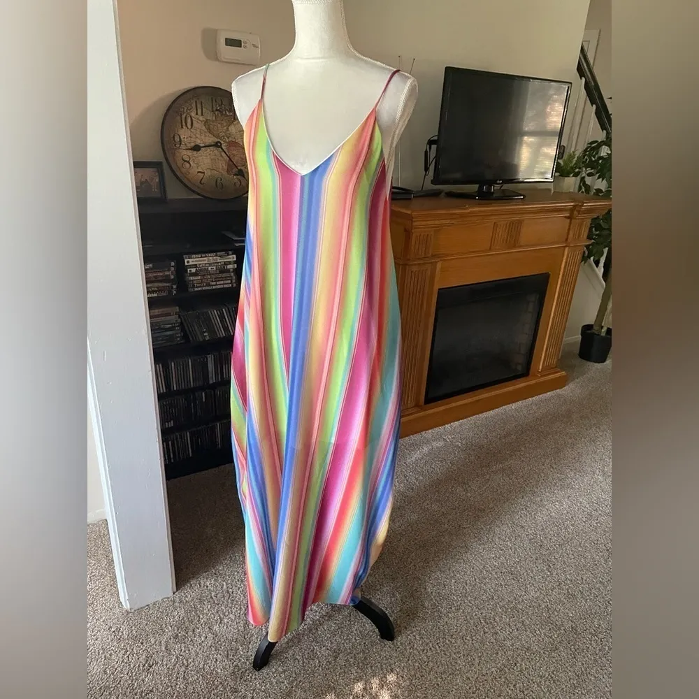 Vestique Maxi Slip Dress Rainbow Deep V Neck Size Small Flowy Cruise Resort Wear - Image 2