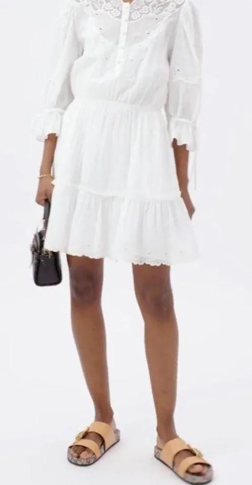 🤍Women’s EUC  White Mini Tiered Gathered Waist Dress w/ Lace Detail Size 4 - Image 2