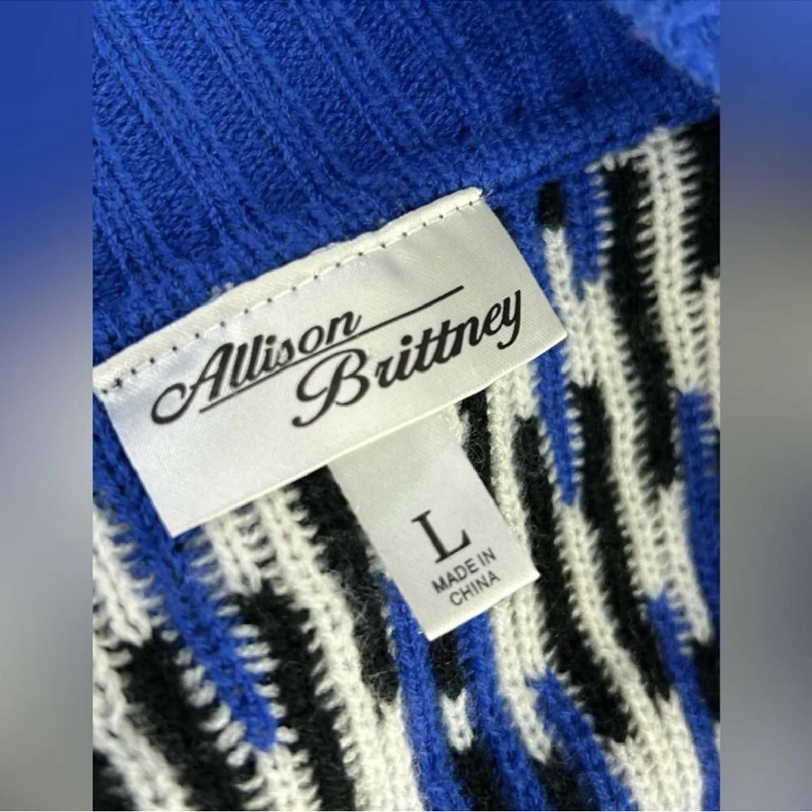 Allison Brittney Chevron Grandpa Cardigan Large Blue White Open Front - Image 7