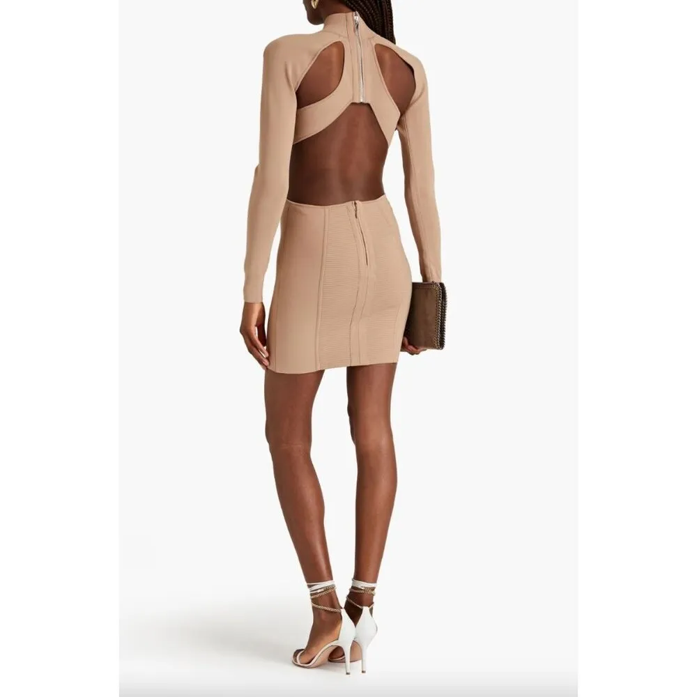 HERVE LEGER Ottoman Cutout Long Sleeve Minidress Fawn Womens Size Large - Image 3