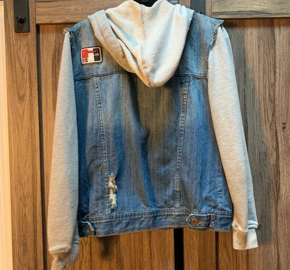 distressed jean hooded jacket with patchwork detail. - Image 3