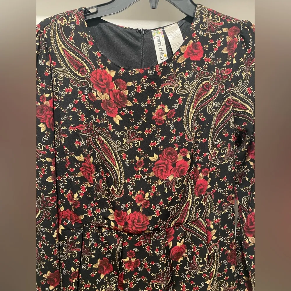 Red & Black Boho Floral & Paisley Printed Long-Sleeve Dress - Large - Image 3
