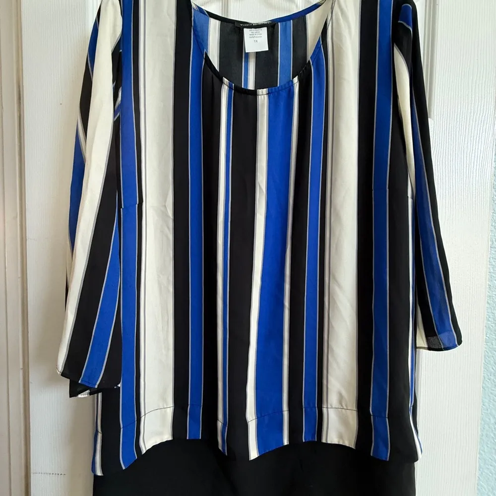 Travel Elements Plus 1X Striped Blouse Blue Black White High low tunic top - Image 13