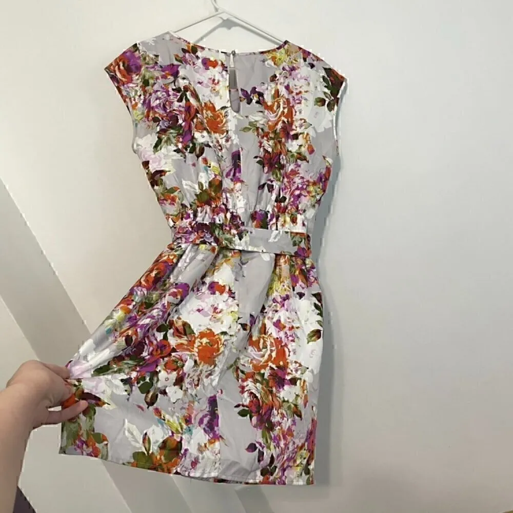 THE LIMITED Lilac Lavender Purple Gray ish Floral Satin Cap Sleeve Belted Dress - Image 12