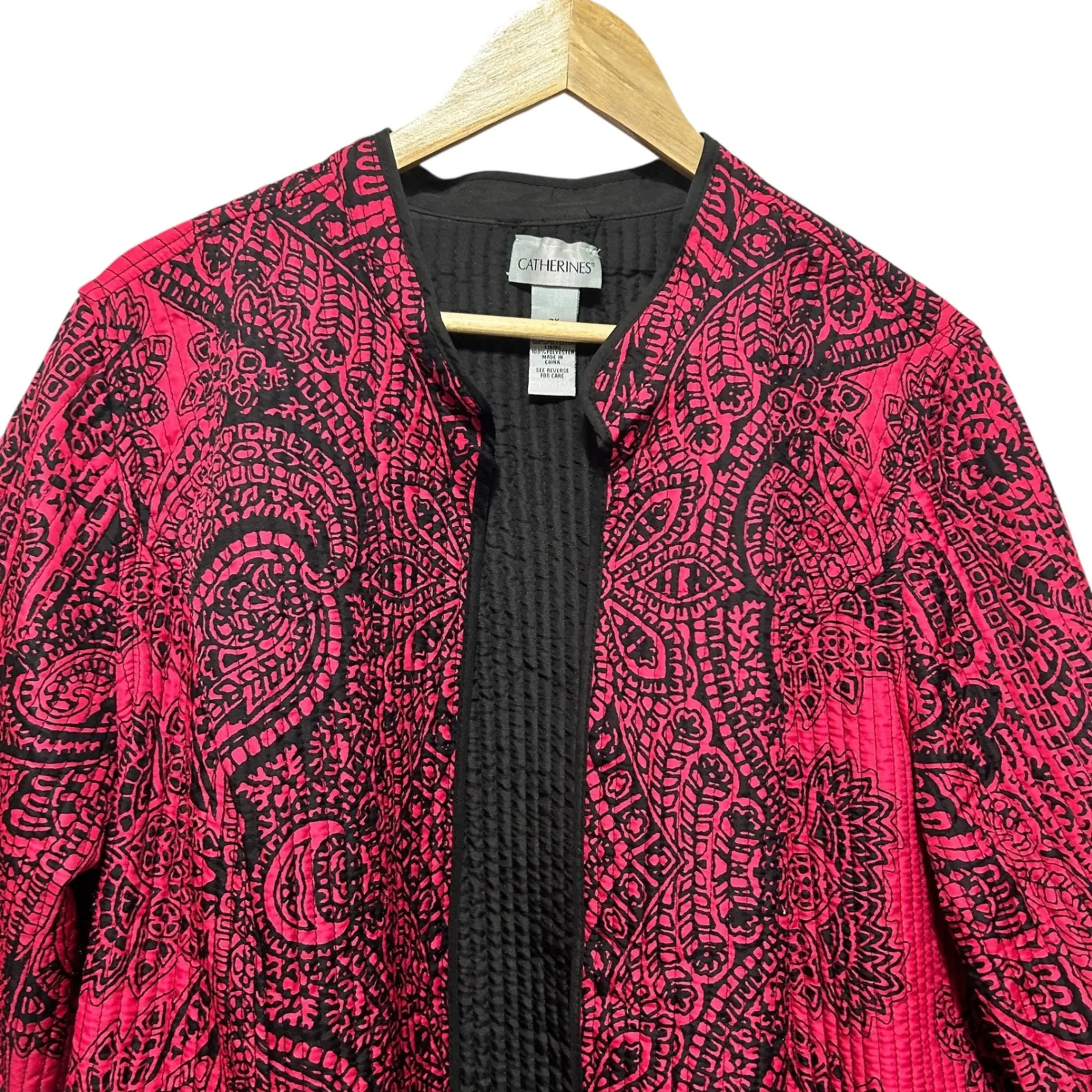 Catherines Women Jacket 2X Pink Black Paisley Quilted Open Front Boho Chic Artsy - Image 5