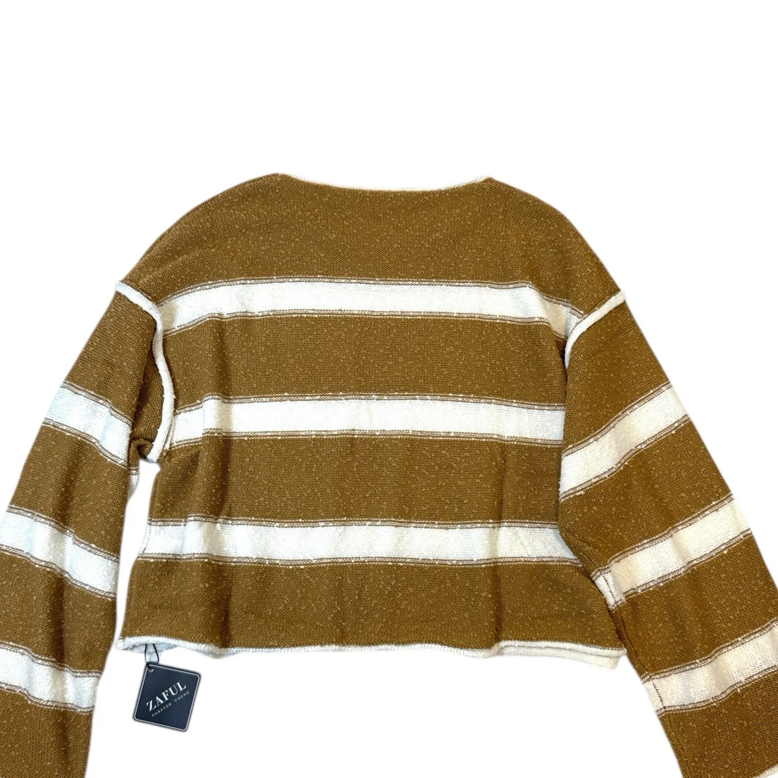 Zaful Striped Sweater Crop Top Khaki Tan & Off White Cropped loose Size Large - Image 2