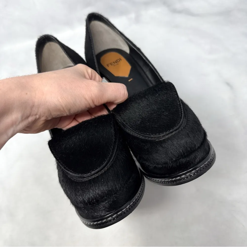 FENDI Ice Heel Calf Hair Leather Loafer Platform Wedge Avant Garde Goth Black 36 - Image 7