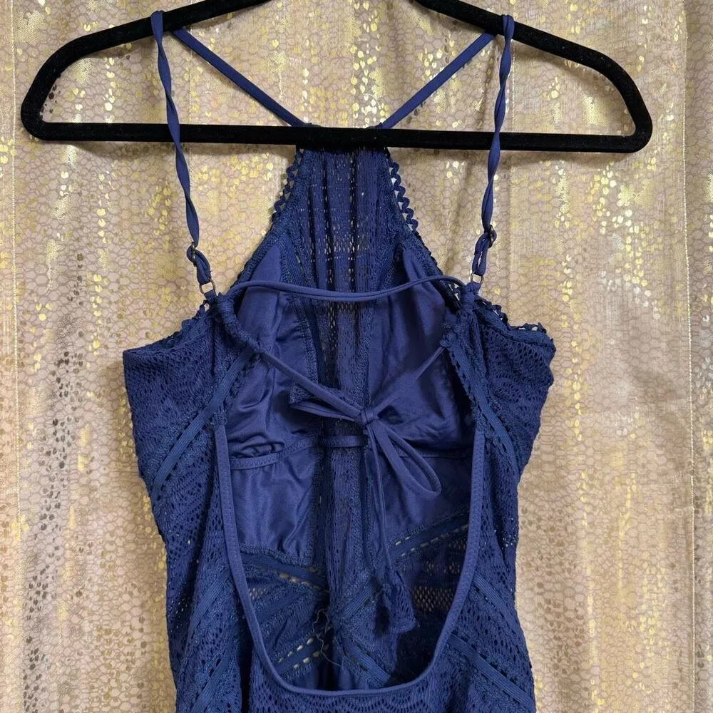 Becca Navy Blue Prairie Rose One Piece Crochet Halter Neck Swimsuit XL - Image 5