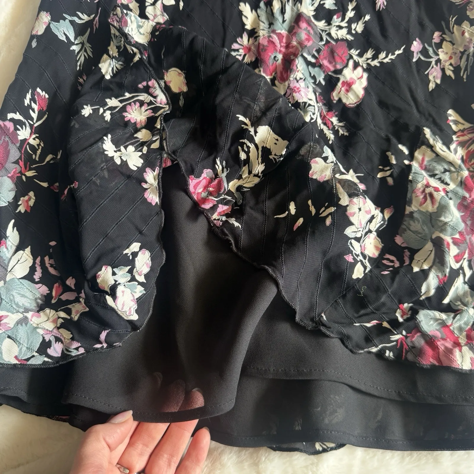 Y2K Floral Midi Skirt Black Flowy Ruffle Hem Vintage Boho Skirt S Low Rise - Image 6