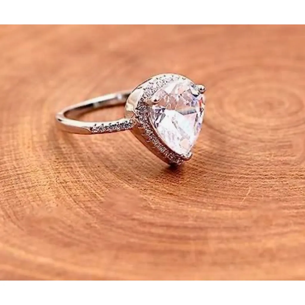 NEW 3‎ Carat Platinum 925 Sterling Silver Pear Halo Engagement Ring, Size 7 - Image 10