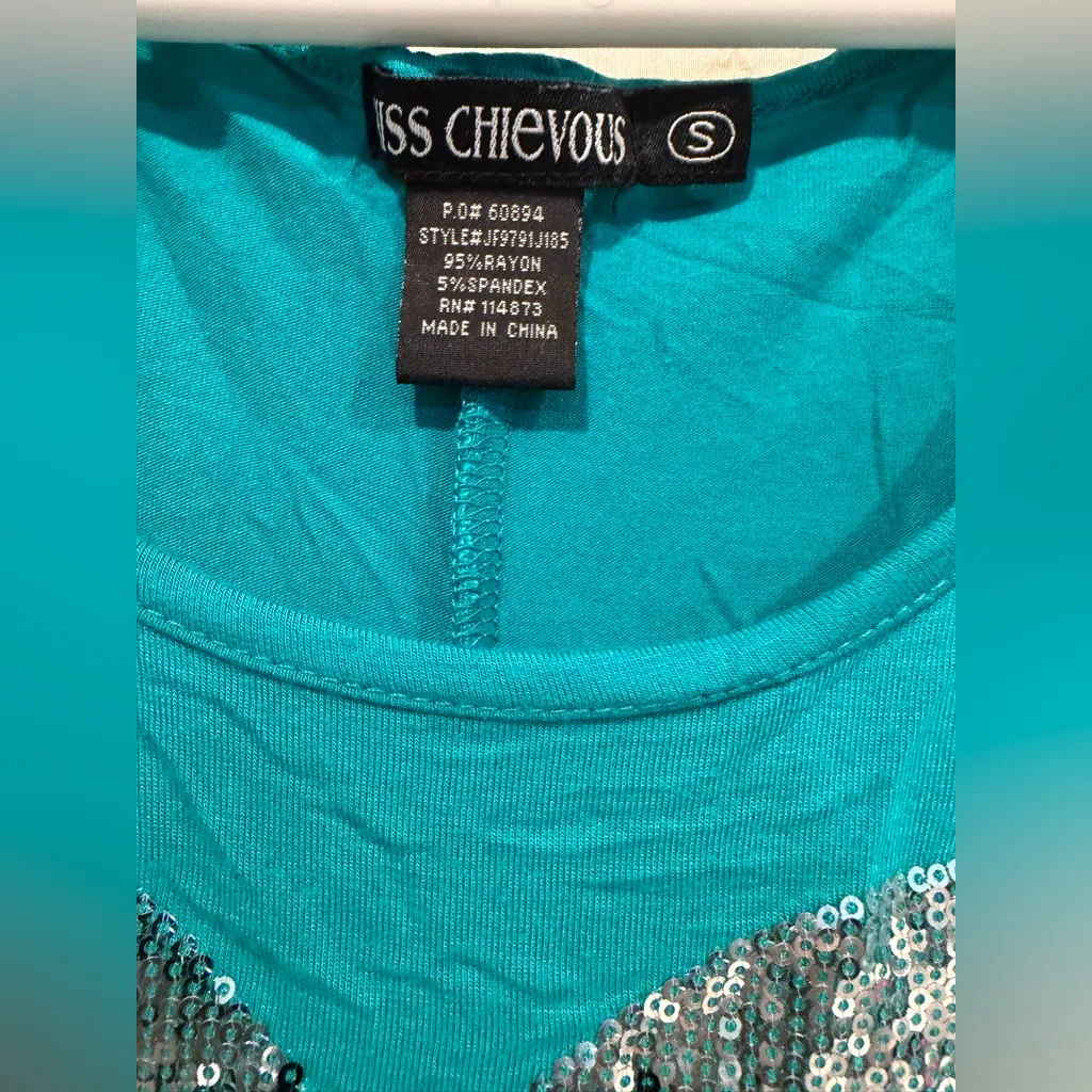 Miss Chievous Teal Sequin Heart Long Sleeve Top - Image 2