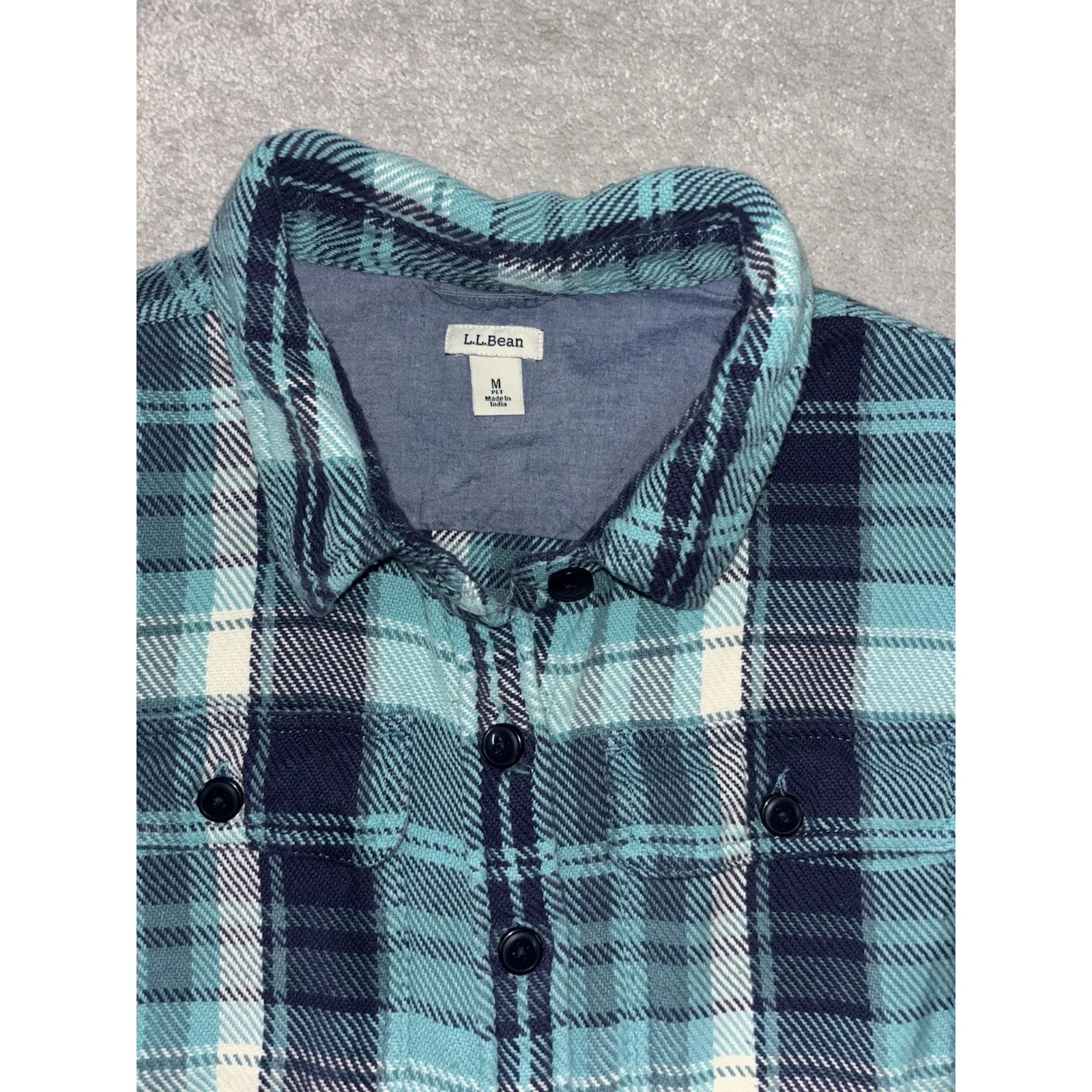 LL Bean 1912‎ Overshirt Teal Navy Plaid Heavy Shacket Size M Petite Blue - Image 3