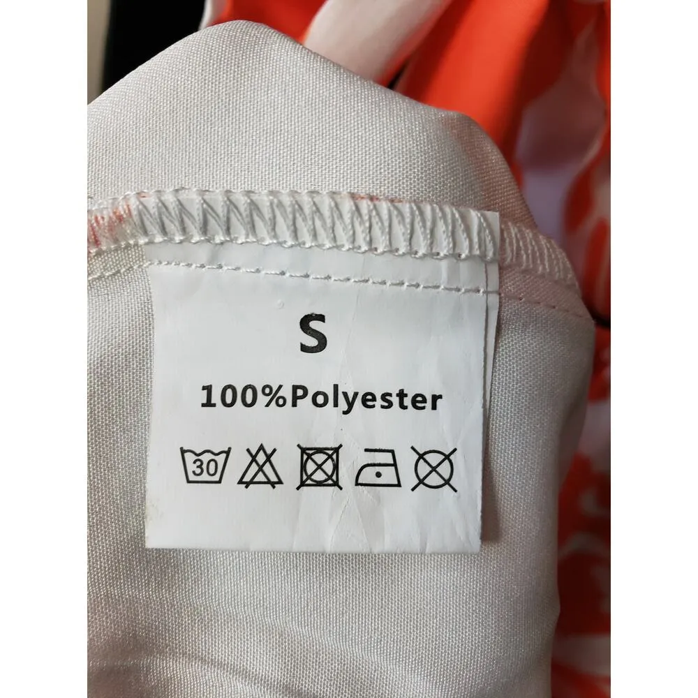 Womens Long Maxi Dress S White Orange Floral Back Cut Out Round Neck Puff Sleeve - Image 3