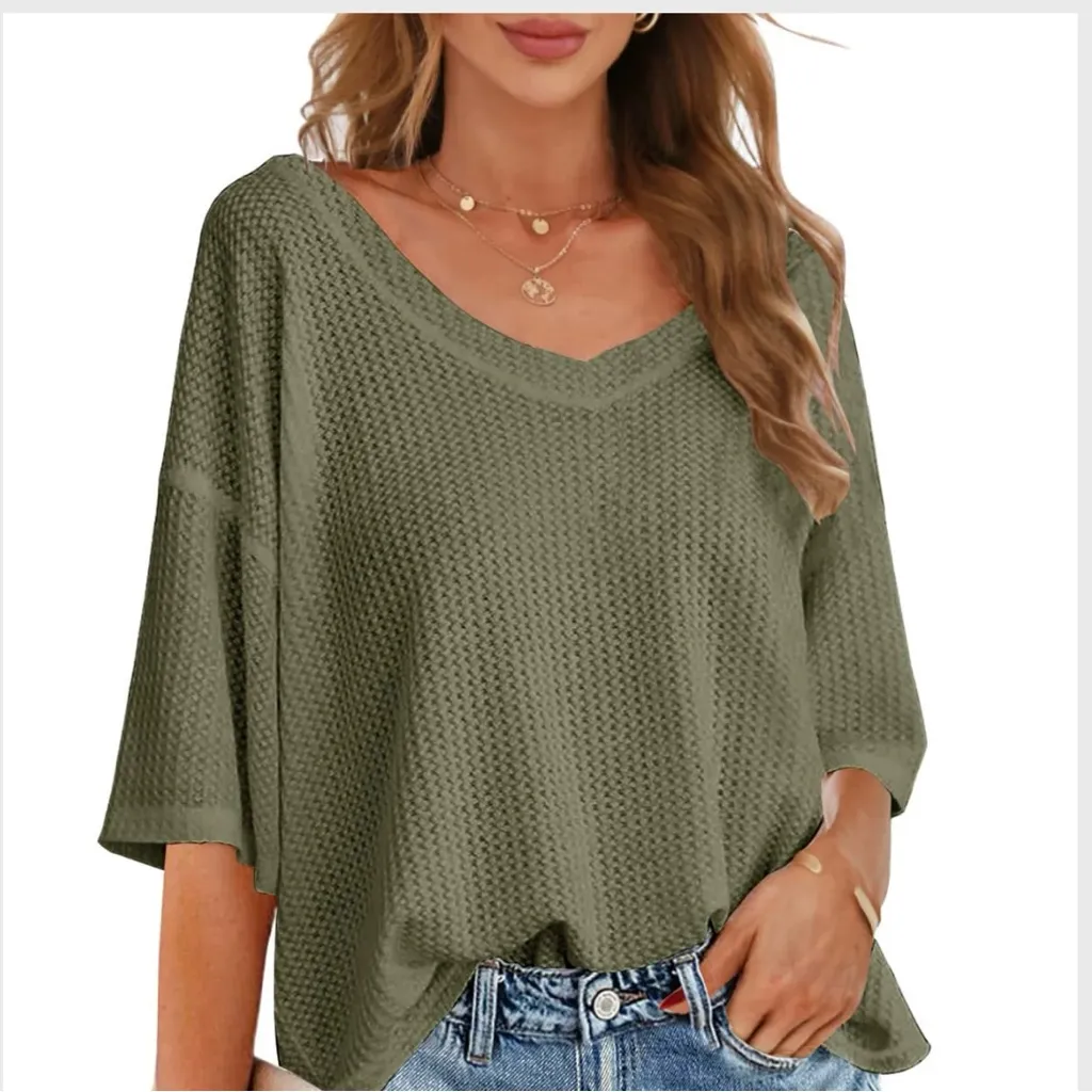 Merokeety Women's Small V-Neck Waffle Knit Top - Olive Green - Image 2