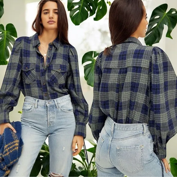 NEW Free People Sun City Plaid Top Blue and Green Puff Sleeves Women’s Size S - Image 2