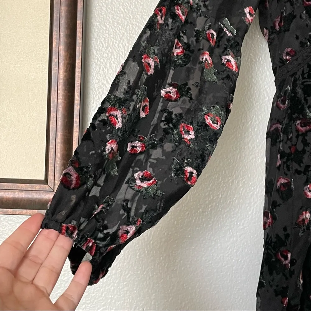WAYF Brayden Long Sleeve Black with Red Roses Embroidered Velvet Dress Medium - Image 8