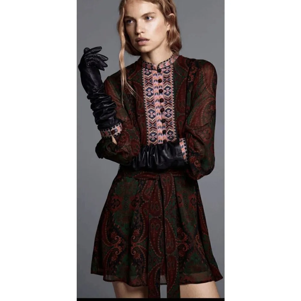 ZARA Deep Burgundy Green Boho Jacquard Long Sleeve Ribbon Tie Dress L NWT - Image 14