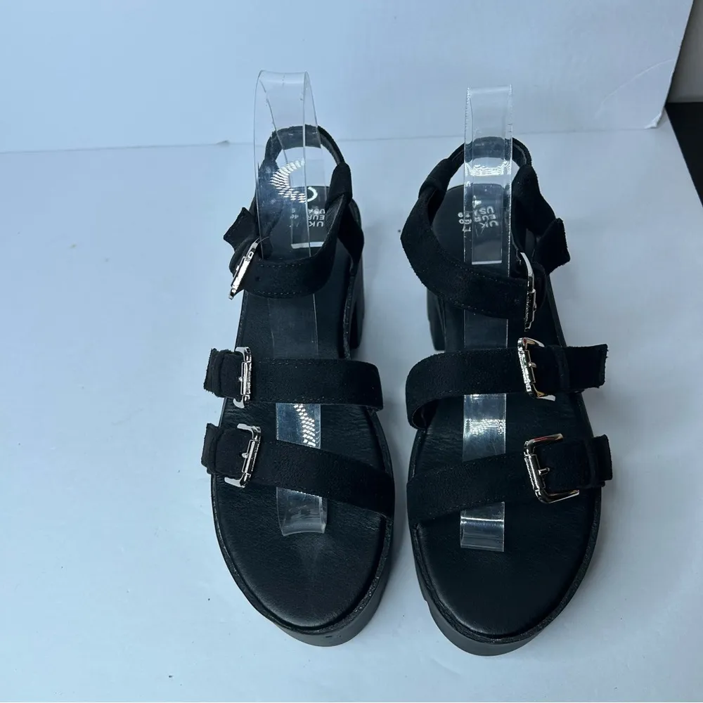 New Faux Suede Leather Chunky Black Platform Sandals 9 Block Heel - Image 5