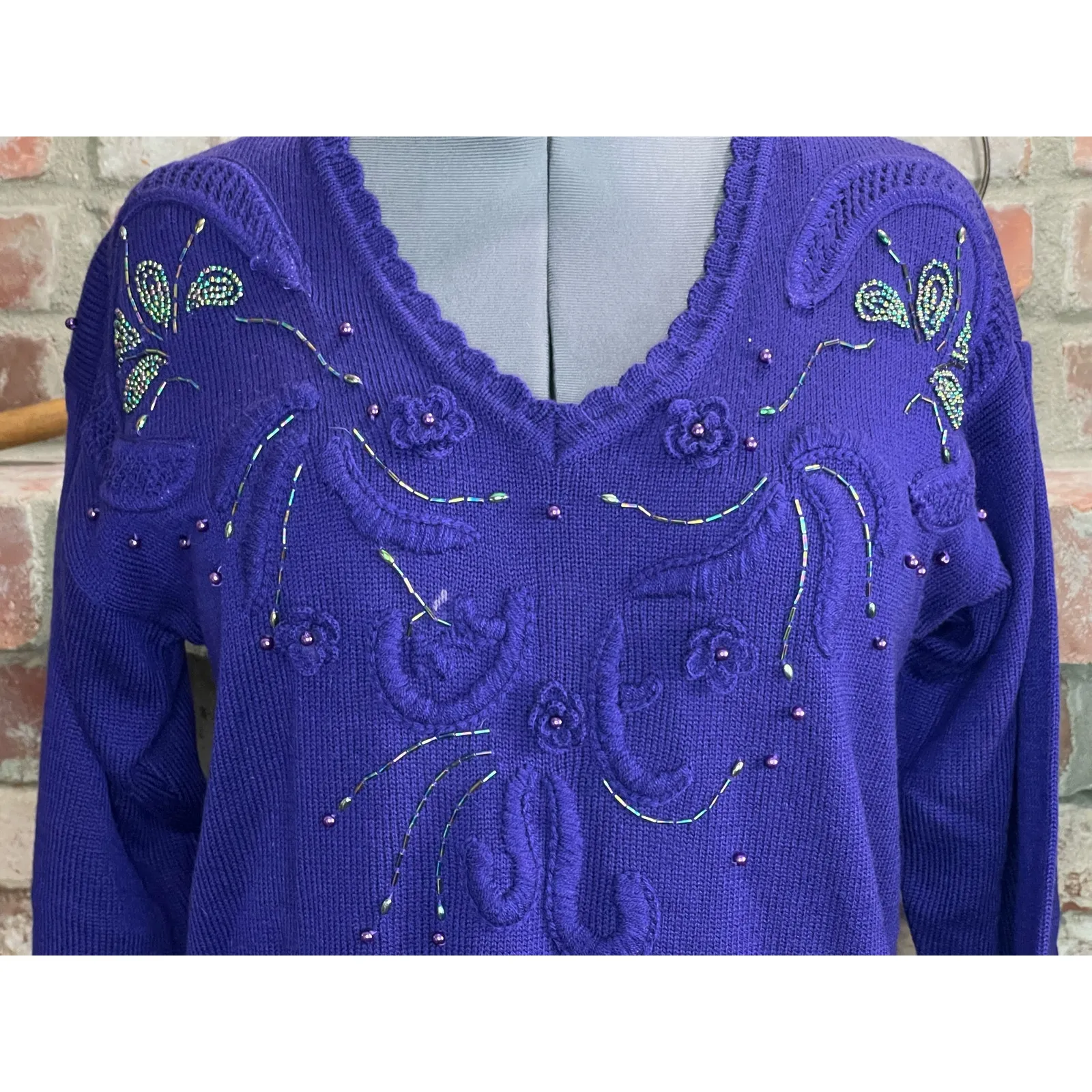Sweater Dress beaded embellished glam 1980s shoulder pads purple Size M - Image 9
