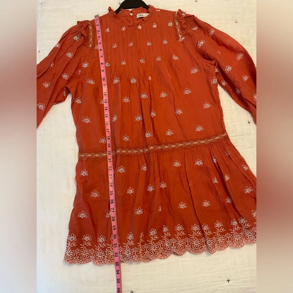 ZARA Ruffled Eyelet Embroidered Boho Long Sleeve Mini Dress in Coral Size S - Image 13