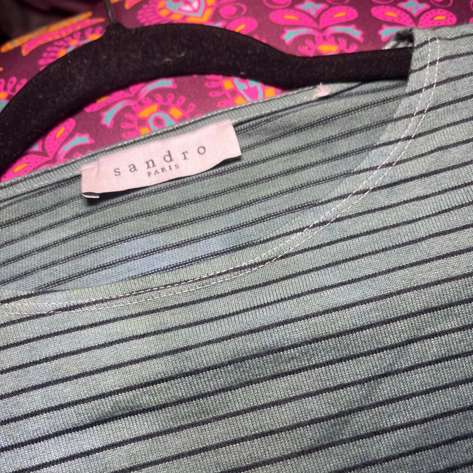 Sandro Paris Women Long Sleeve Striped Crew Neck Top Green Black Quiet Luxury LG - Image 5