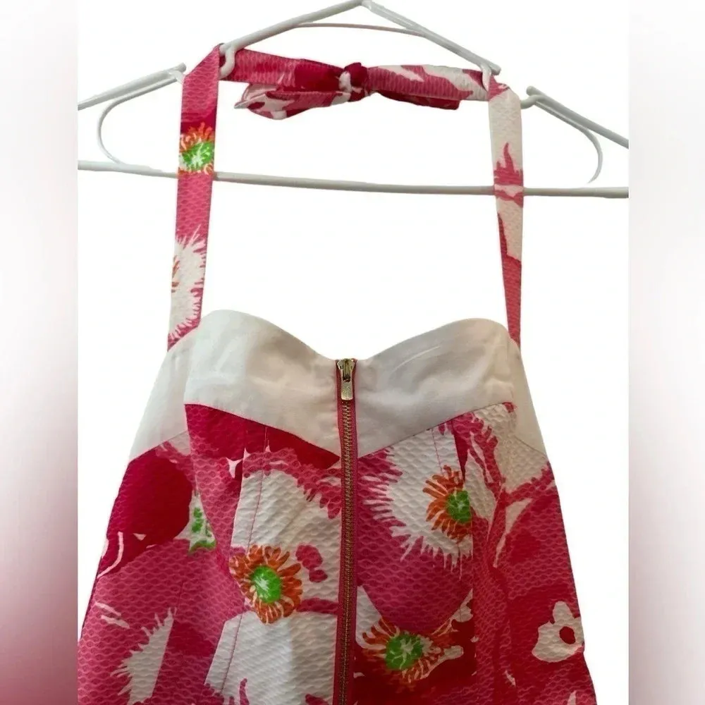 Lilly Pulitzer Marisa Hotty Pink Cherry Begonias Floral Halter Fit Flare Dress 2 - Image 2