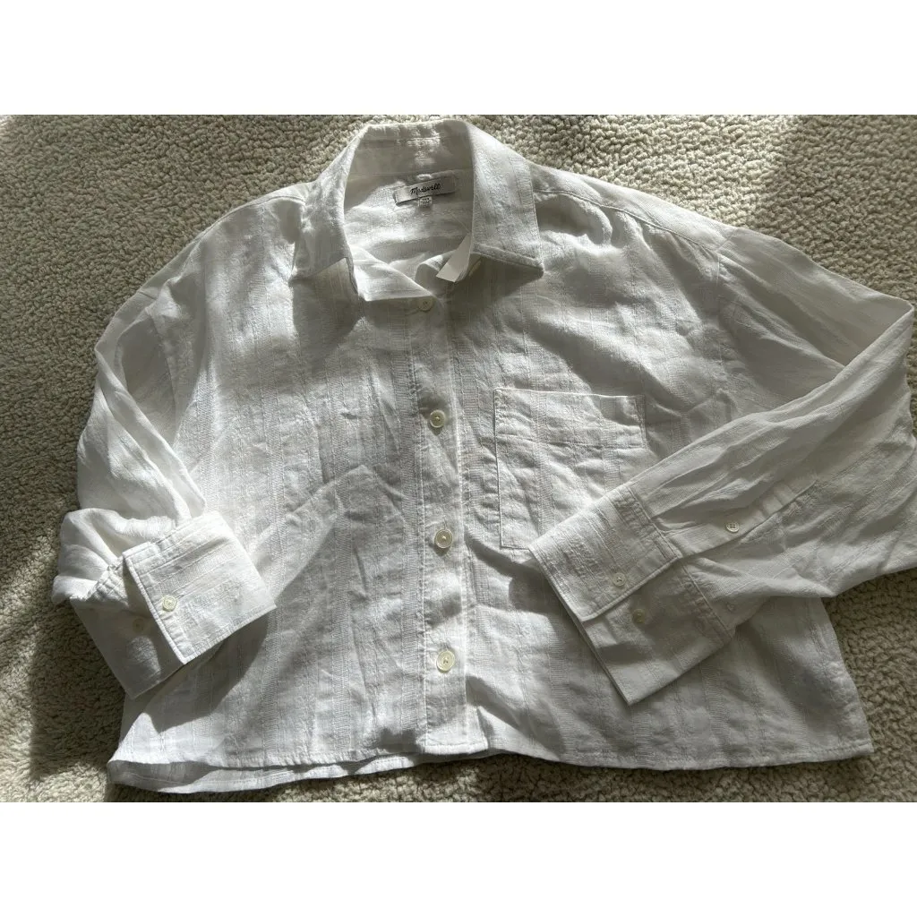 Madewell Straight Hem Shirt in Cotton Dobby White Button Front Relaxed Size XXS - Image 12