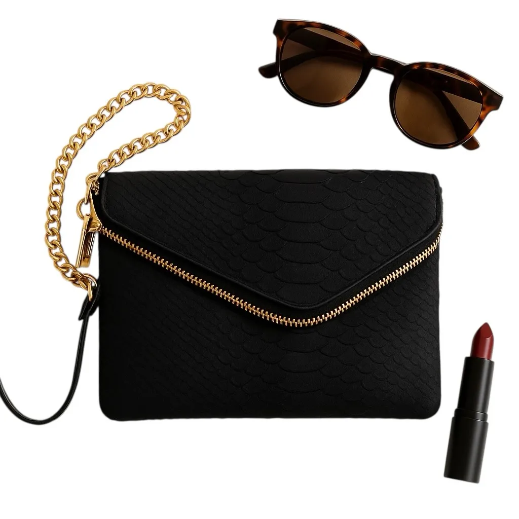 Henri Bendel Black Embossed Leather Wristlet Clutch 7x5 Gold Chain Rare Bag GUC - Image 1