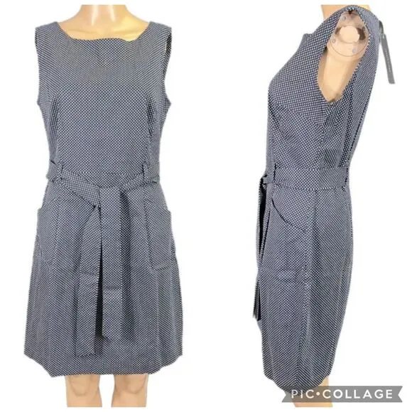 Tommy Hilfiger Womens Sheath Dress Polka Dot Sleeveless Tie Belted Navy Blue - Image 2