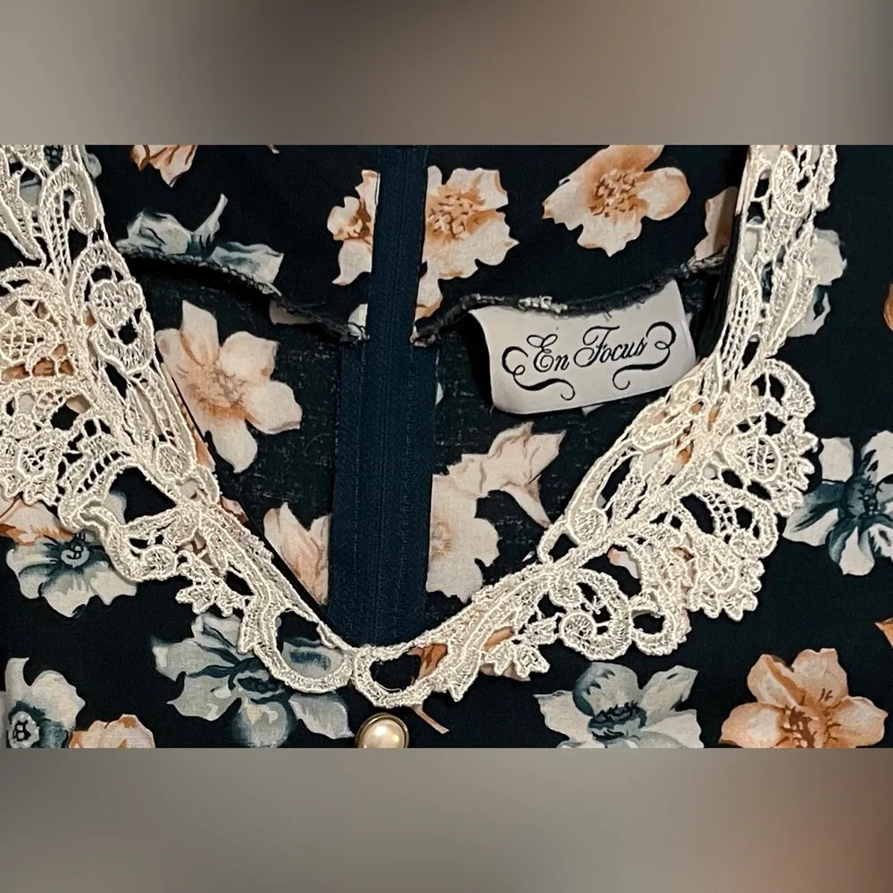 Vintage 80’s En Focus Culotte Jumpsuit Dark Green Floral Lace Collar Size S EUC - Image 8