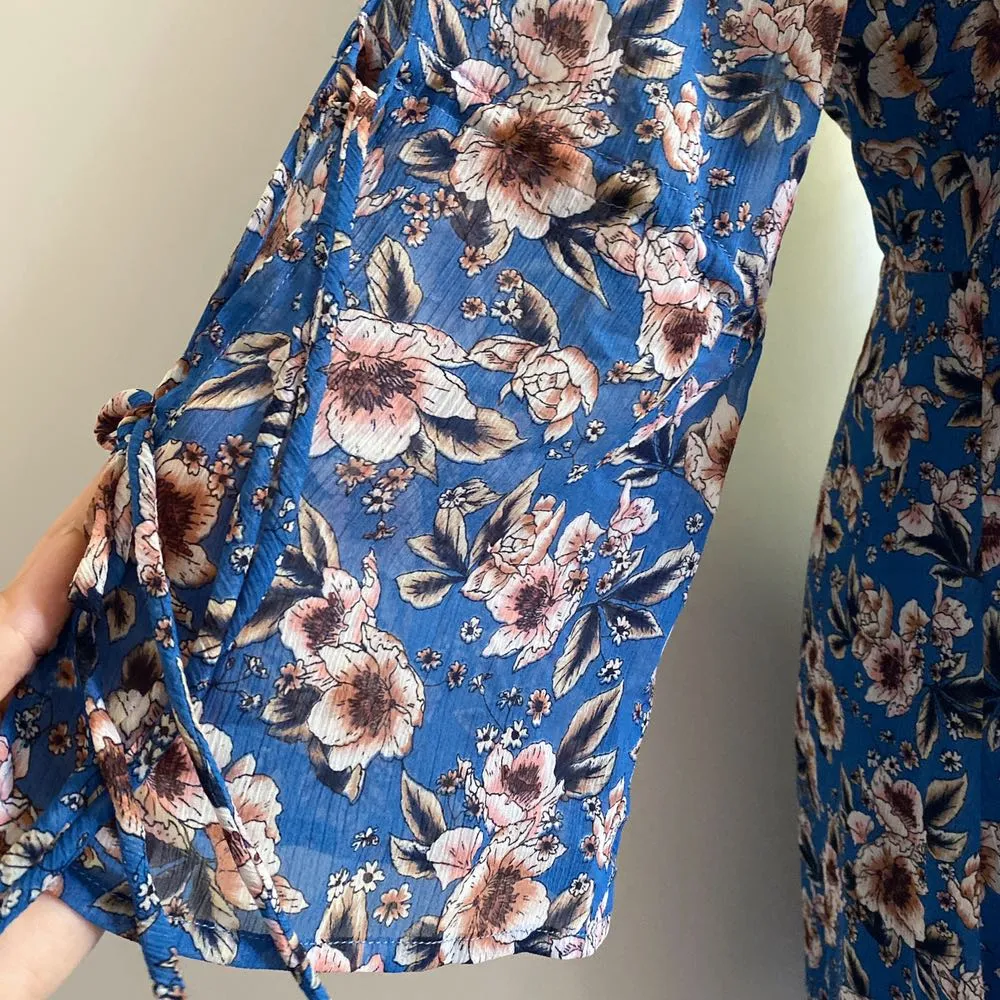 Ruffle High Collar Floral Tie Flared Sleeves Shift Dress Blue - Image 4