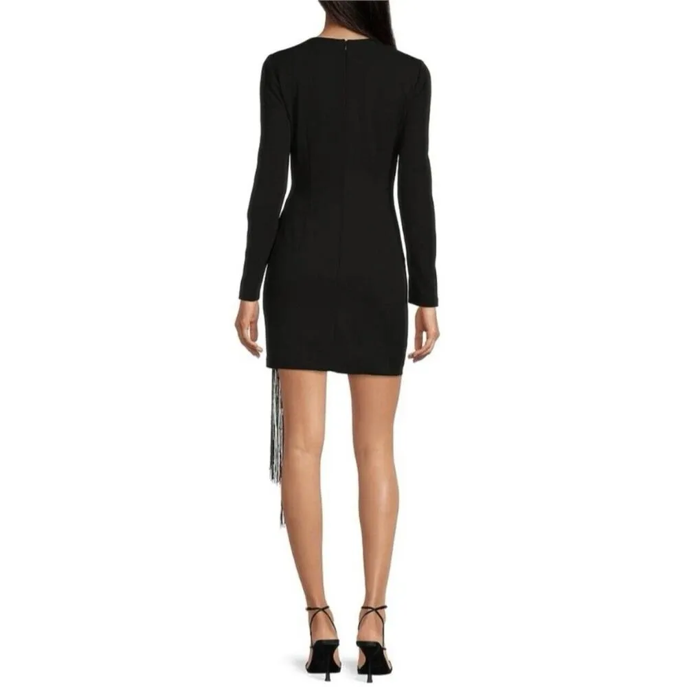 NWT Belle Badgley Mischka Harley Black Crepe Crew Neck Long Sleeve Fringe Dress - Image 2