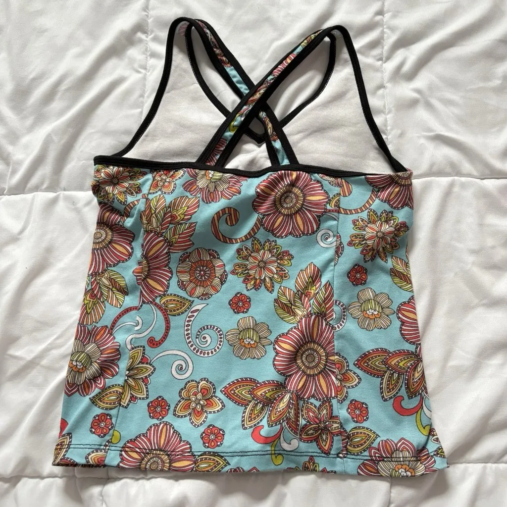 Vintage Retro Y2K Athleta Floral Blue Tank Top Built In Bra Womens Racerback - Image 6
