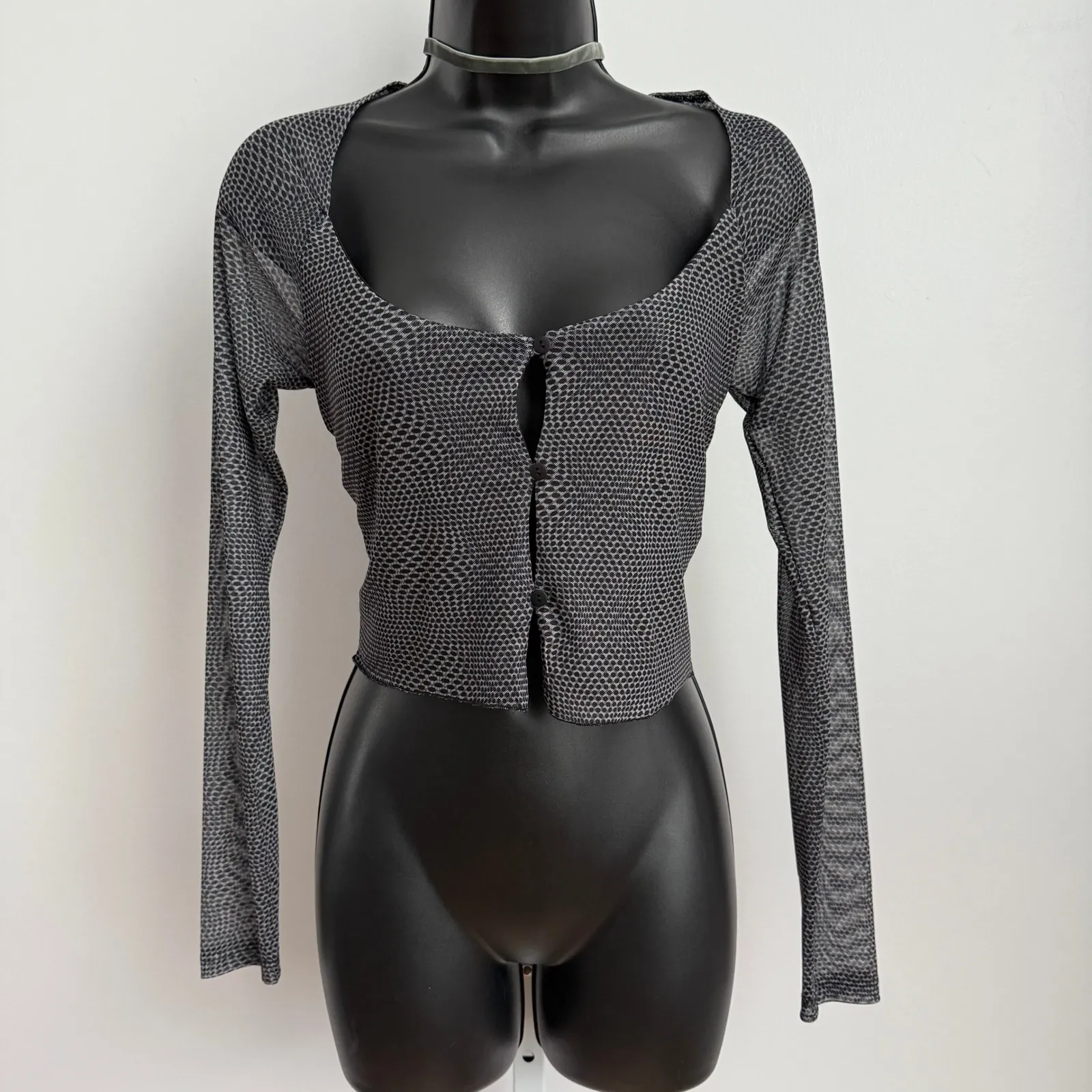 Cotton On Y2K baby Tee cropped Mesh Button Up Crop Top‎ Gray size M - Image 7