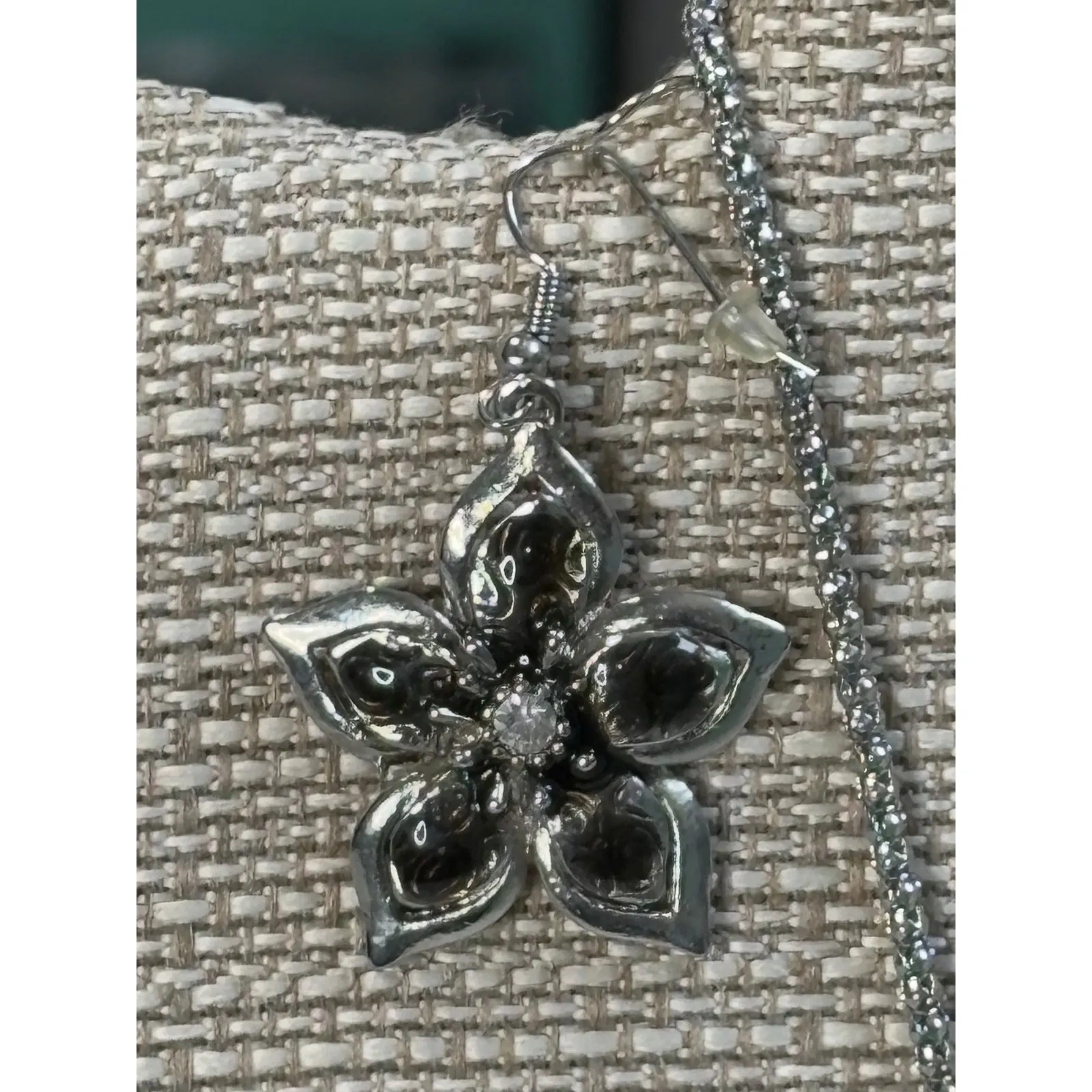 Flower Necklace Earring Set Silver‎ Tone Rhinestone Floral Jewelry Silver - Image 13