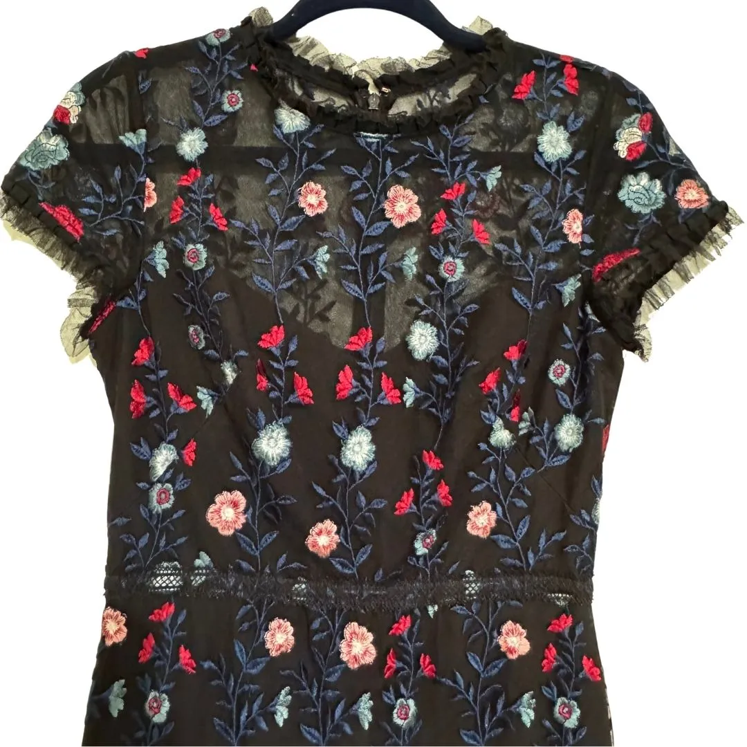 ML by MONIQUE LHEULIER Dark Navy Floral Embroidered Tea Length Gown Dress EUC 6 - Image 6