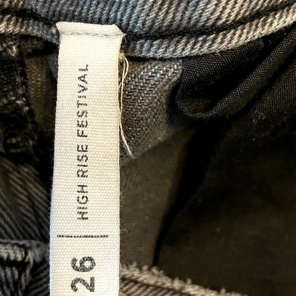 PacSun High Rise Festival Jean Shorts Distressed Raw Hem Cheeky Black Wash 26" - Image 4