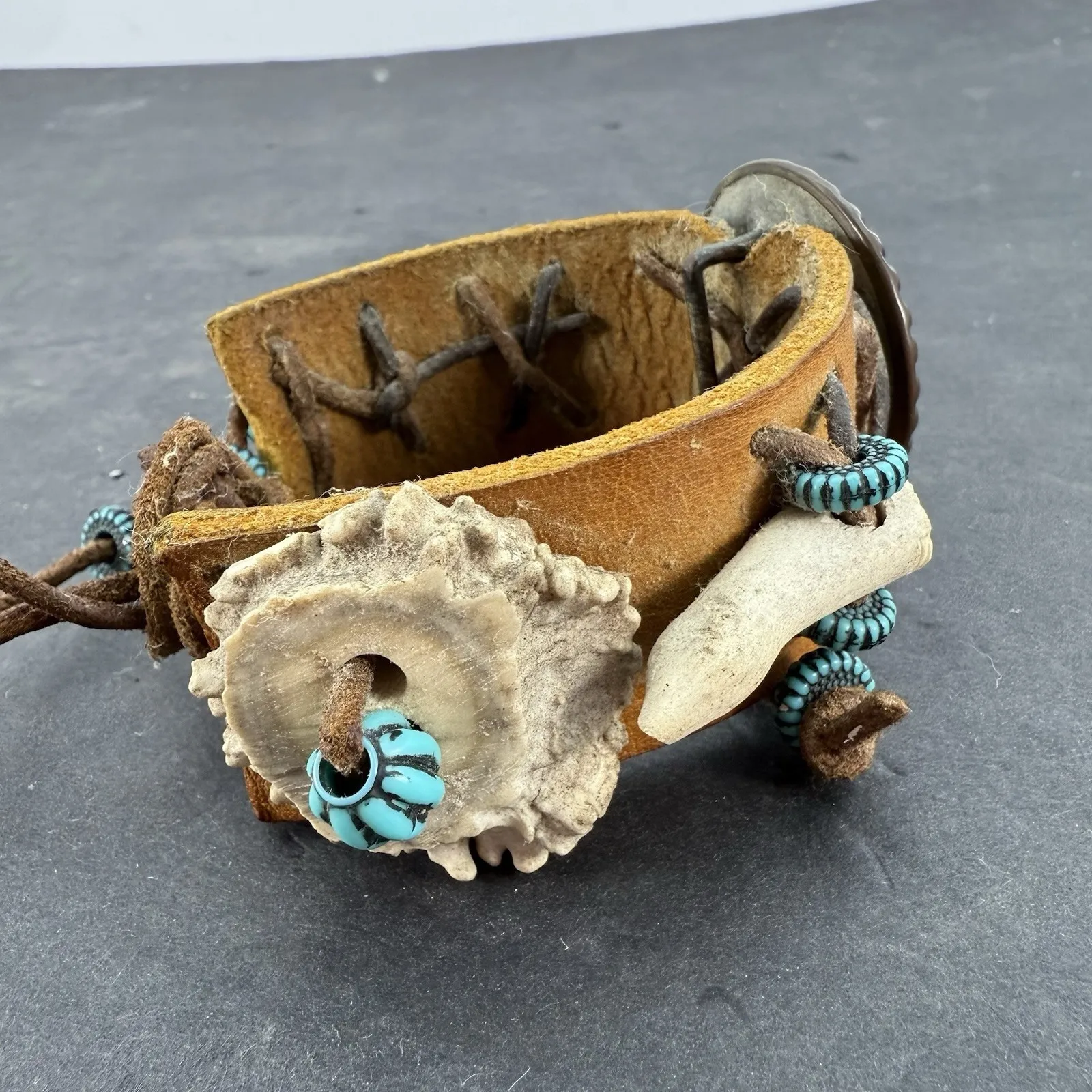 Vintage Handmade Leather Cuff Bracelet Amber Resin Antlers/Beads Native Cuff Orange - Image 3