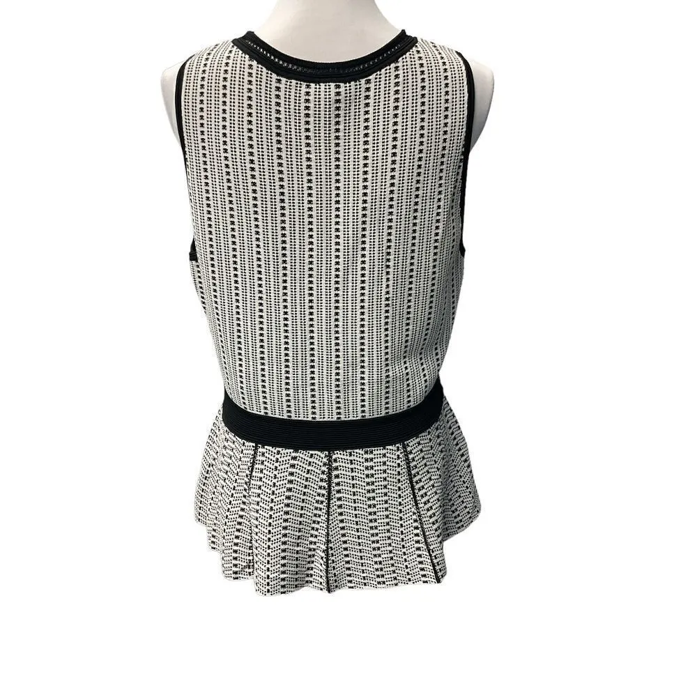 White House Black Market Stretch Crochet Peplum Knit Top Size Medium Black White - Image 5