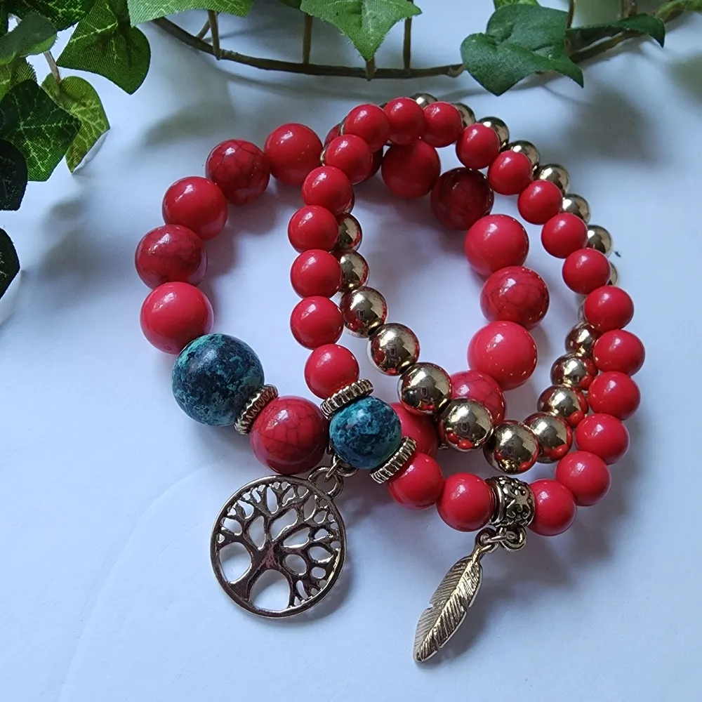 Boho 3 Red Gold Bead Stretch Bracelets Tree of Life - Image 3