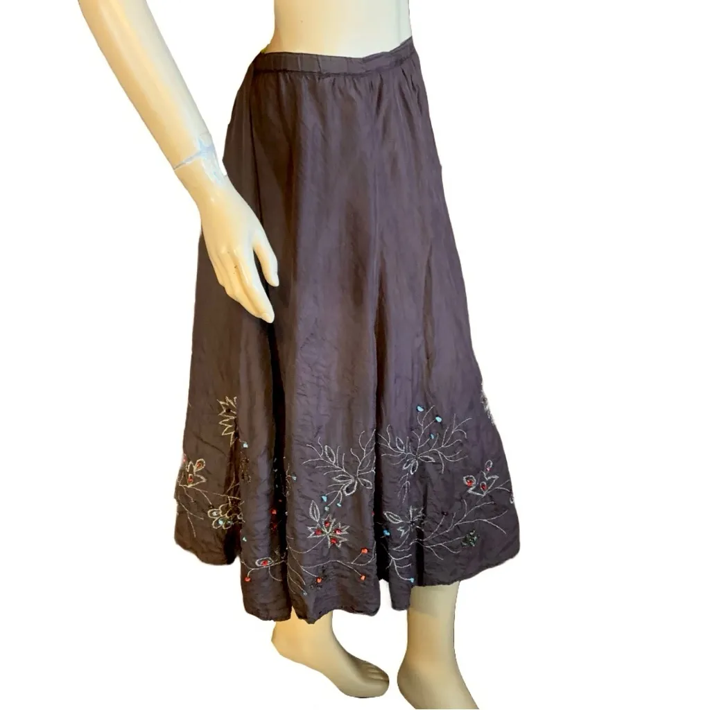 CHICO'S BROWN BEADED FLORAL PRINT SILK MIDI SKIRT (3/XL) - Image 3