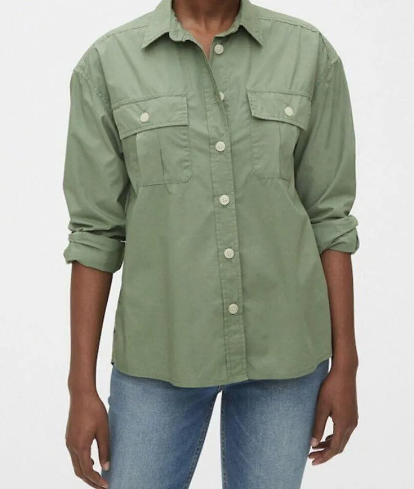 New Womens Gap Camp Shirt S 100% Cotton Button Neon Coral LS Pockets Orange Nice - Image 2