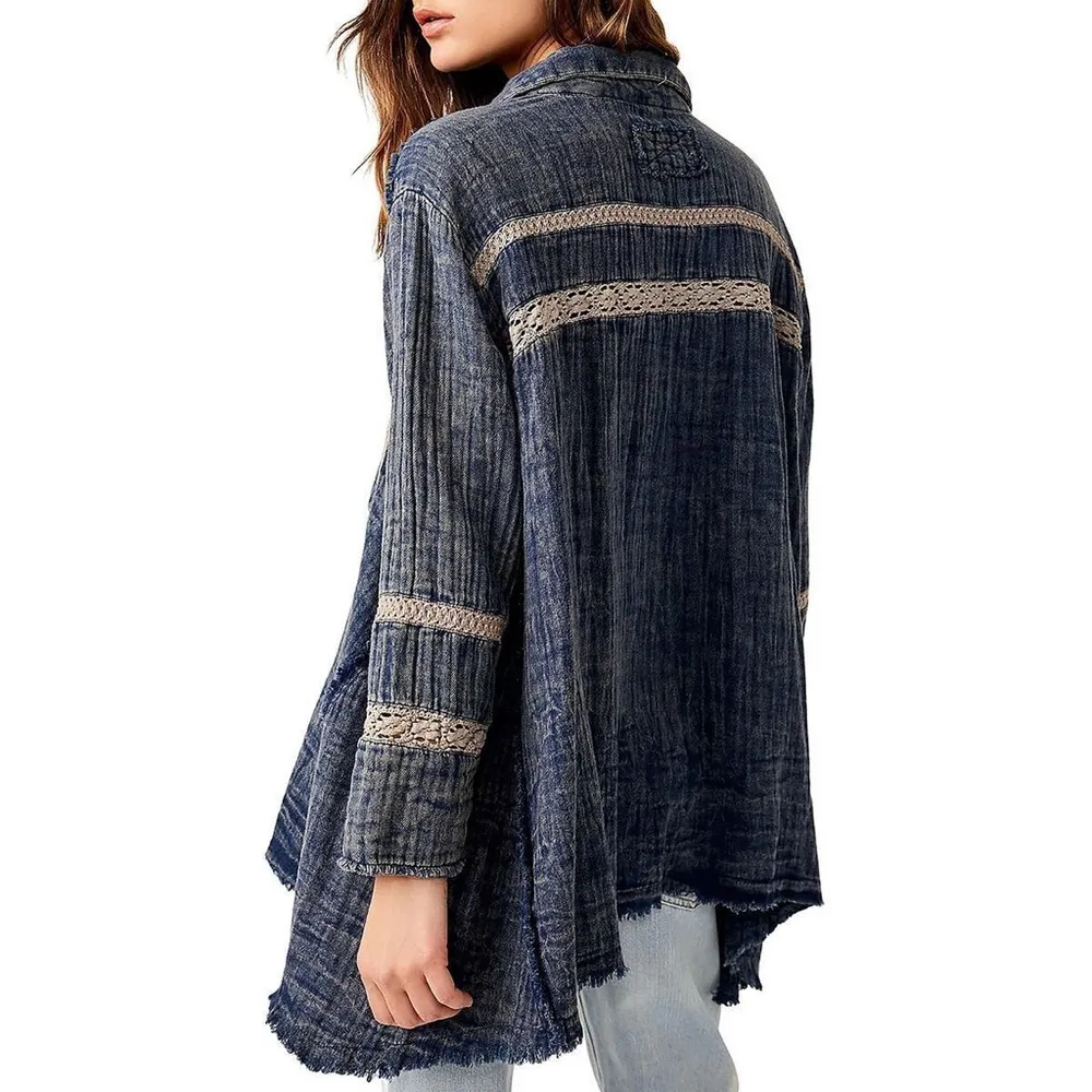 Free People Ranch Wash Textured Shirt, Boho Oversized Indigo Size L New w/Tag - Image 10