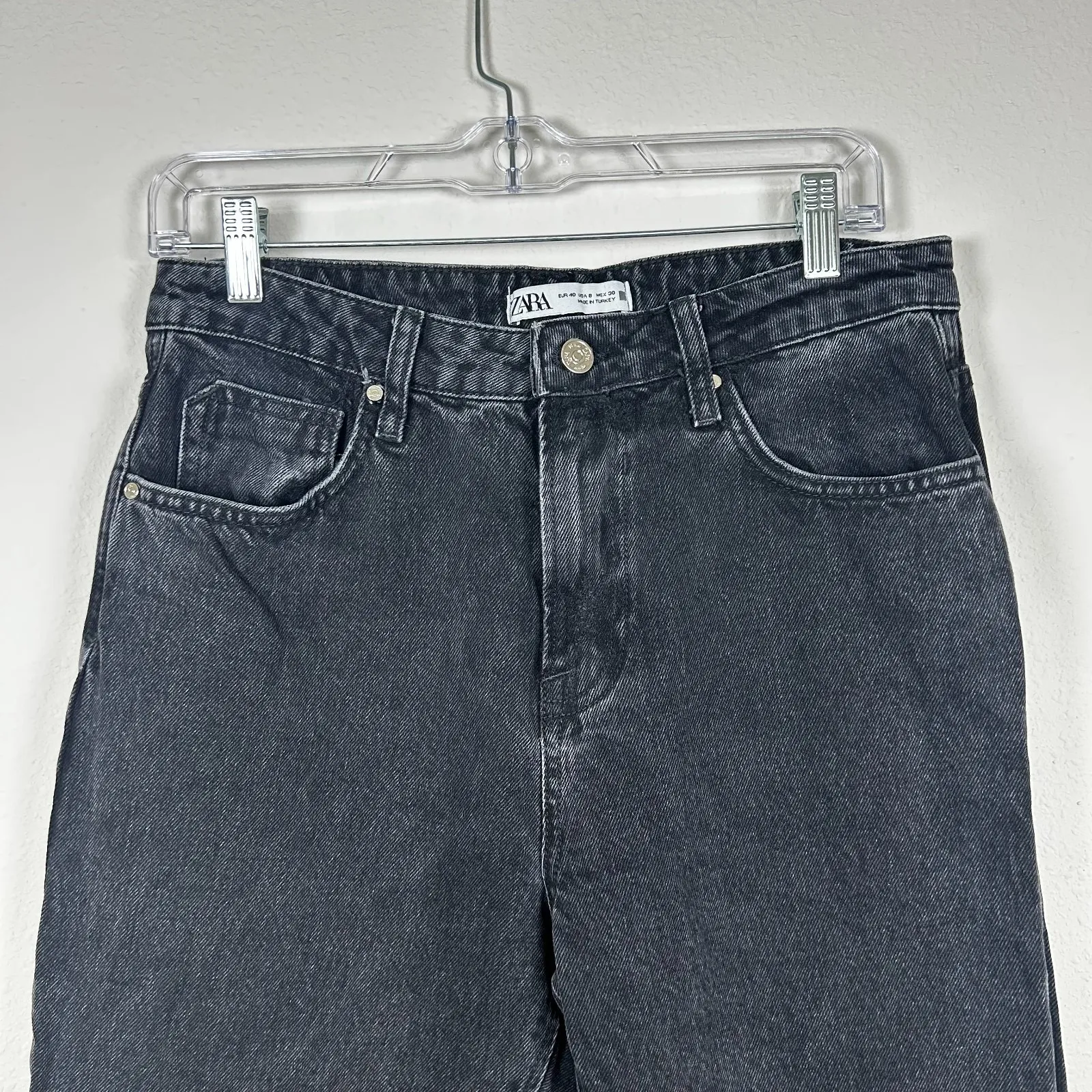 ZARA Acid-Wash black denim high-waist straight leg raw hem jeans  Size 8 US‎ - Image 4