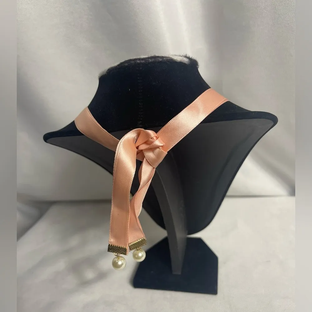 Beautiful Pink And Pearl Necklace With Pink Double Ribbon Tie Unique, Dainty - Image 3